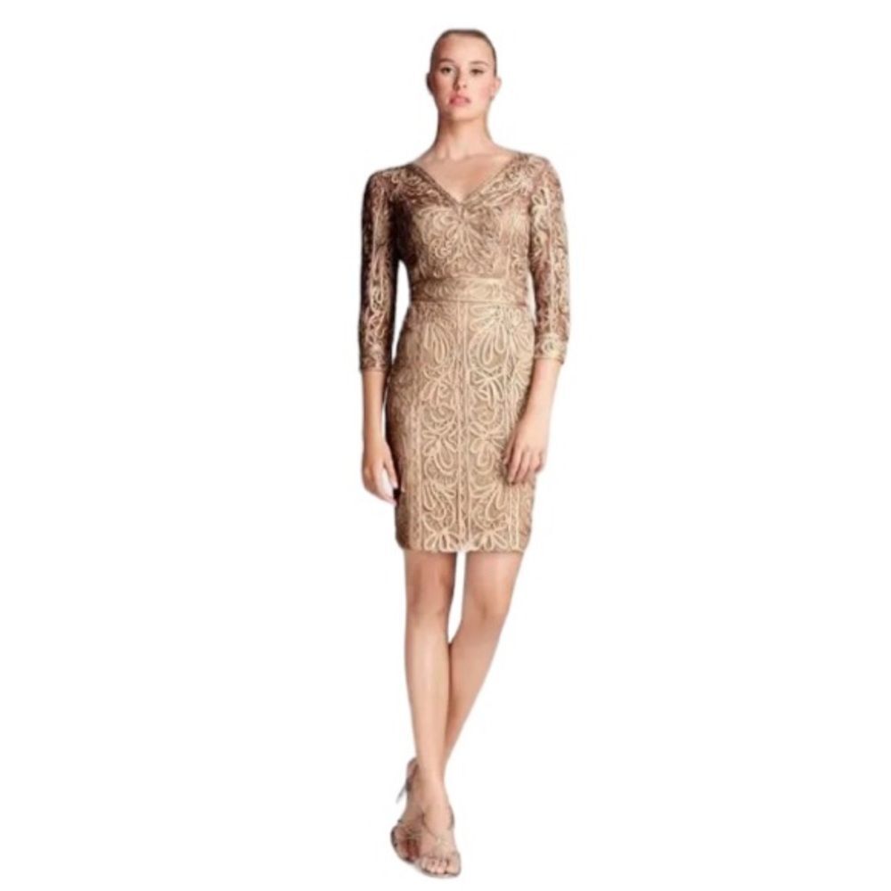 SUE WONG Cocktail Dress Neutral Taupe Lace V Front Back Size 2  NEW